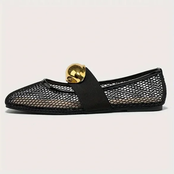New Fishnet Mesh Ballet Flats Gold Metallic Buckle NWT Black Slip On Square Toe - Picture 5 of 9